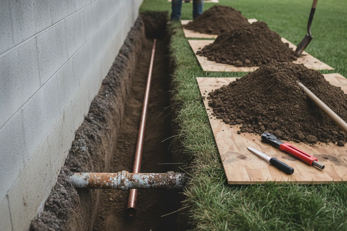Excavated water line trench during Sewer Line Repair in Oak Hill